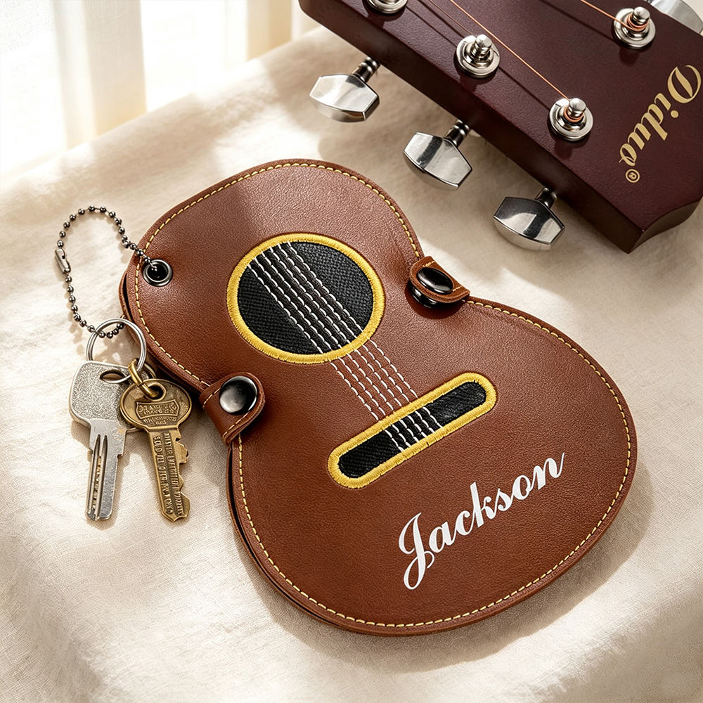Personalized Guitar Pick Holder, Guitar-Shaped Leather Pick Case with Custom Name & Keychain, Gift for Guitar Lovers