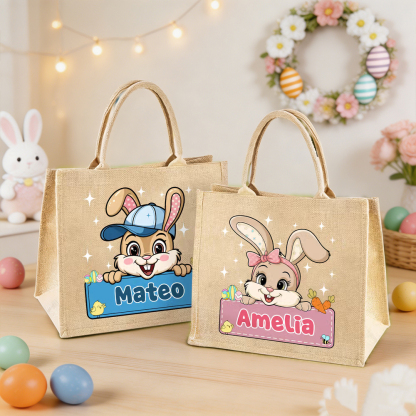Personalized Easter Bunny Jute Tote Bag with Name, Custom Easter Egg Hunt Bag, Gift for Boys & Girls