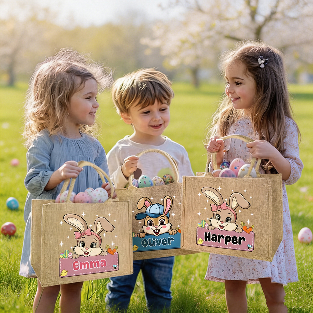 Personalized Easter Bunny Jute Tote Bag with Name, Custom Easter Egg Hunt Bag, Gift for Boys & Girls