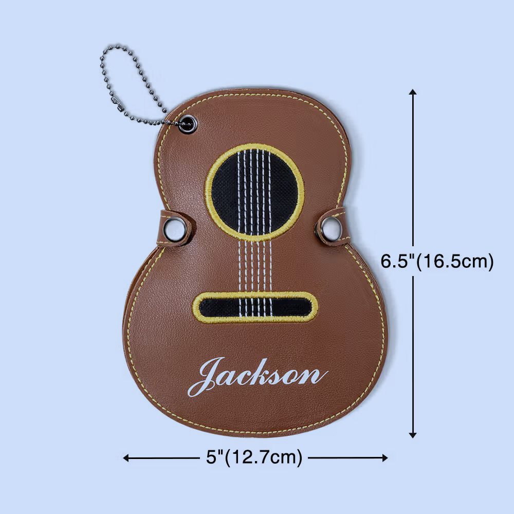 Personalized Guitar Pick Holder, Guitar-Shaped Leather Pick Case with Custom Name & Keychain, Gift for Guitar Lovers