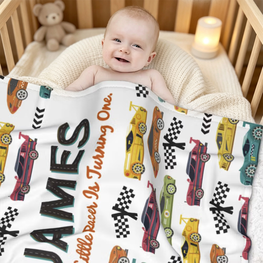 Personalised Racing Car Baby Blanket with Name and Custom Text, Soft Motorsport Throw, Birthday and Baby Shower Gift for Kids