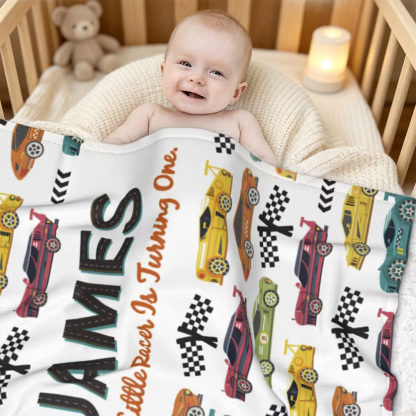 Personalised Racing Car Baby Blanket with Name and Custom Text, Soft Motorsport Throw, Birthday and Baby Shower Gift for Kids