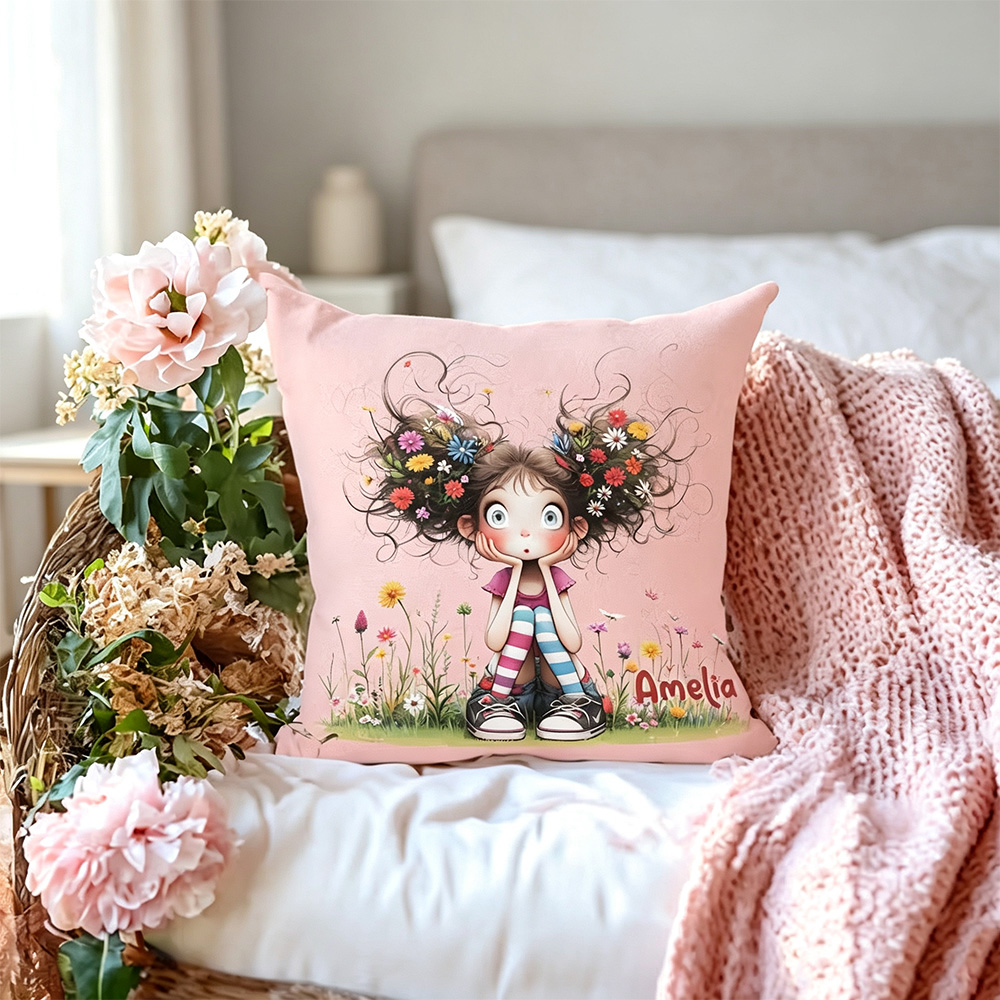 Personalised Quirky Girl Pillow Cover – Custom Name Cushion Gift for Girls & Women