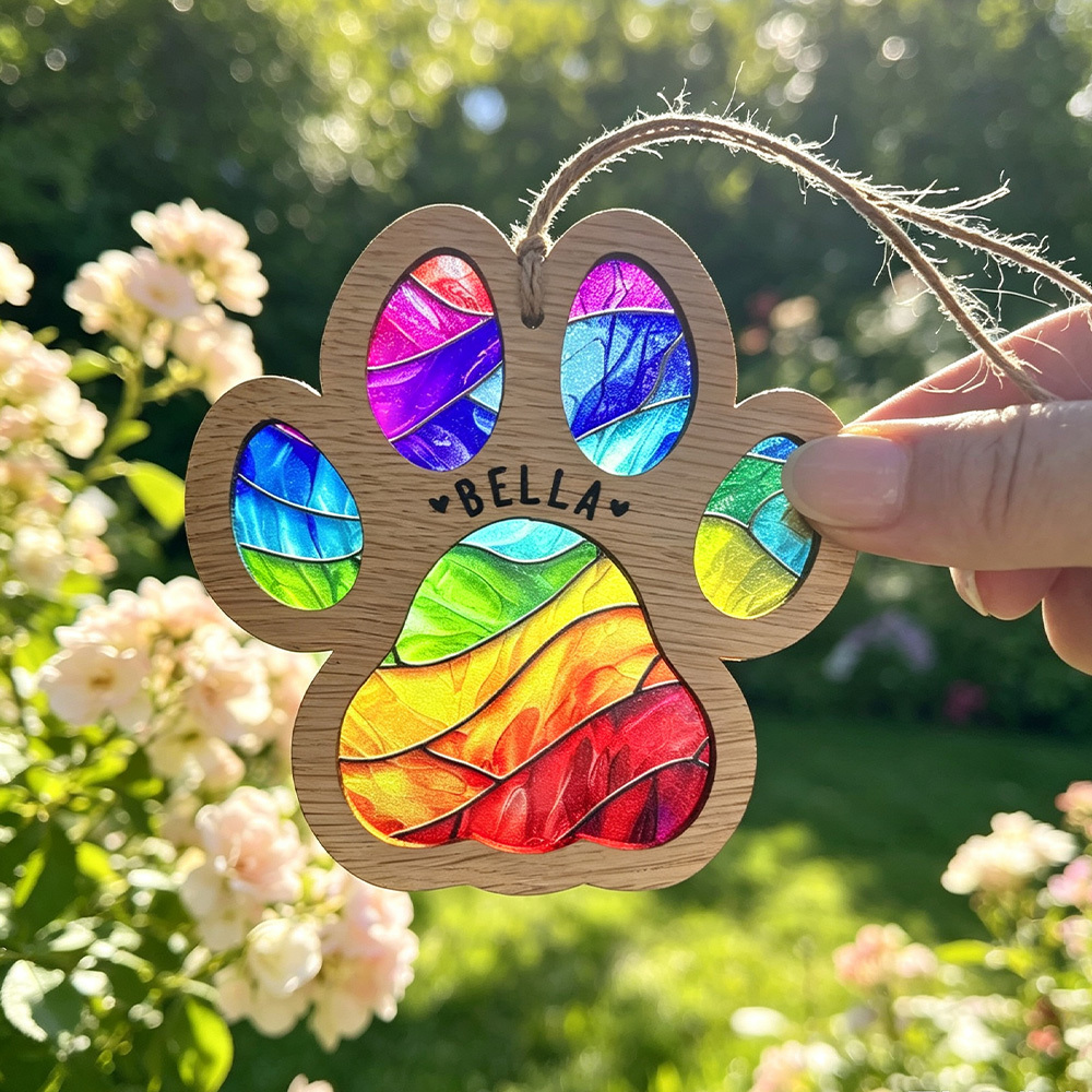 Personalized Pet Memorial Paw Ornament, Custom Dog Name Rainbow Bridge Keepsake, Stained Glass Style Pet Loss Gift, Sympathy Gift for Dog or Cat Lover