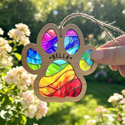 Personalized Pet Memorial Paw Ornament, Custom Dog Name Rainbow Bridge Keepsake, Stained Glass Style Pet Loss Gift, Sympathy Gift for Dog or Cat Lover
