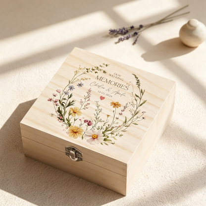 Personalized Wooden Wedding Keepsake Box, Custom Couple Names & Date Memory Box, Floral Wedding Gift for Newlyweds, Anniversary Keepsake