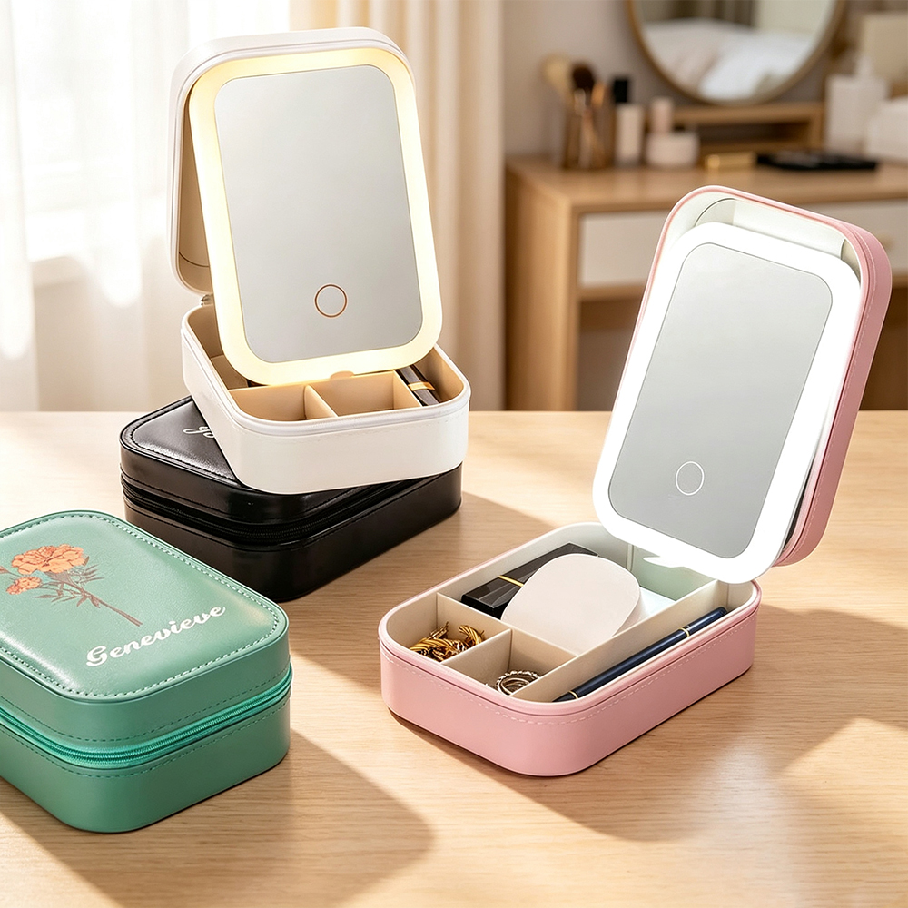 Personalized Birth Flower Leather Travel Jewelry Box with Name & LED Lighted Makeup Mirror, Custom Portable Jewelry Organizer Birthday Gift for Women