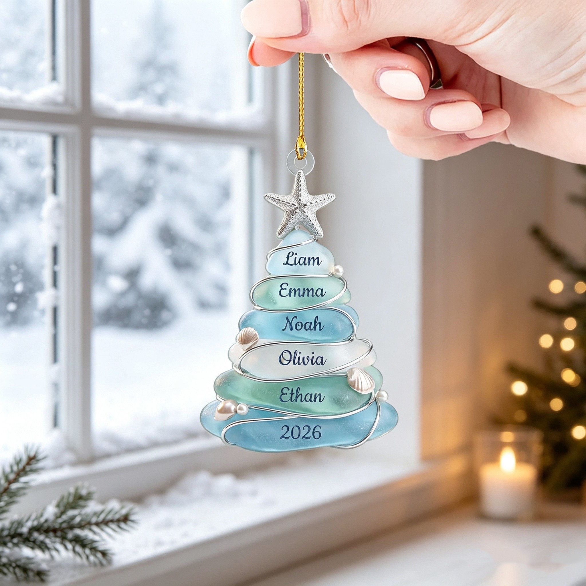 Personalized Sea Glass Christmas Tree Ornament, Custom Family Name Ornament, Coastal Beach Christmas Decor, Grandparents Gift, Up to 13 Names