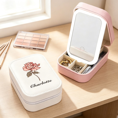 Personalized Birth Flower Leather Travel Jewelry Box with Name & LED Lighted Makeup Mirror, Custom Portable Jewelry Organizer Birthday Gift for Women