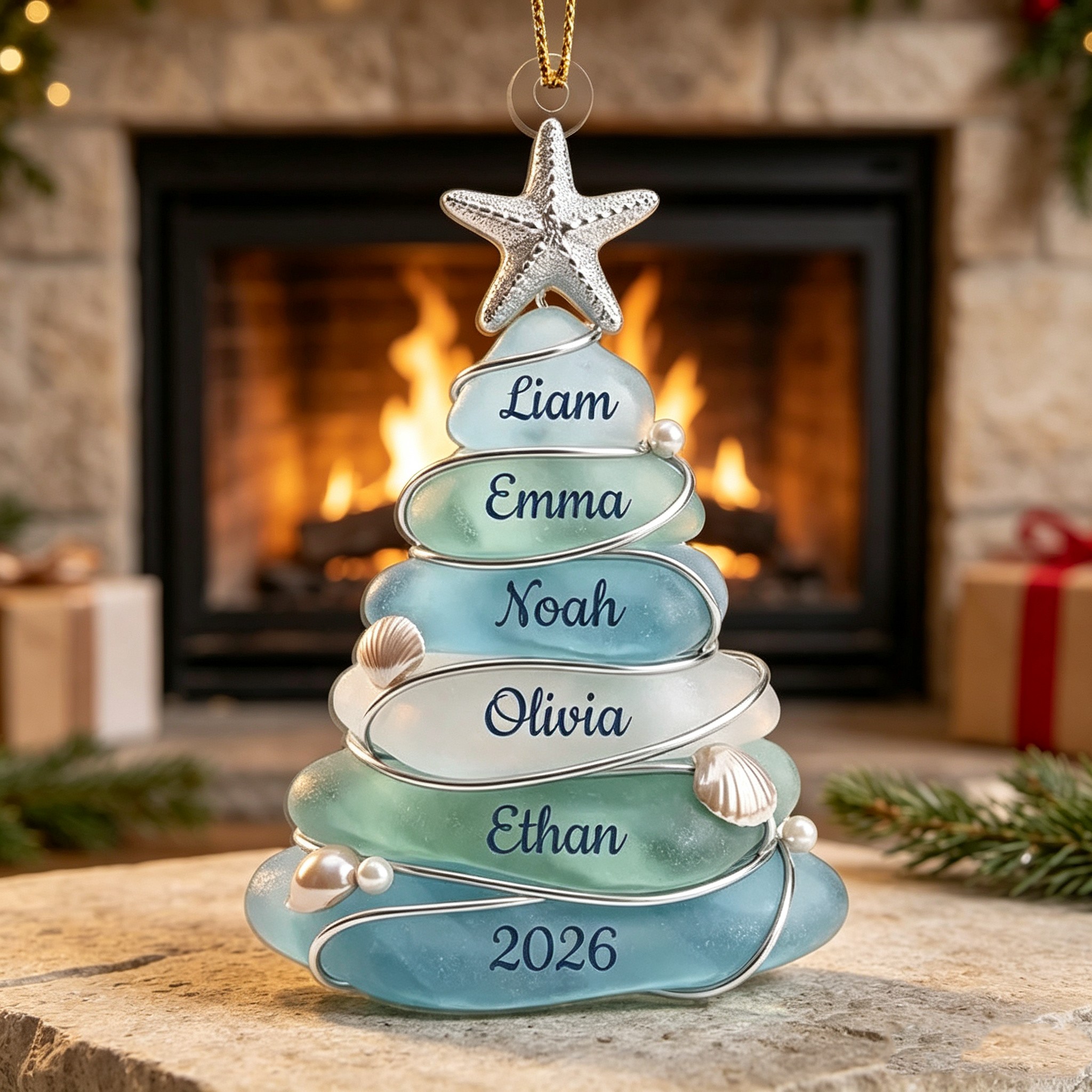 Personalized Sea Glass Christmas Tree Ornament, Custom Family Name Ornament, Coastal Beach Christmas Decor, Grandparents Gift, Up to 13 Names