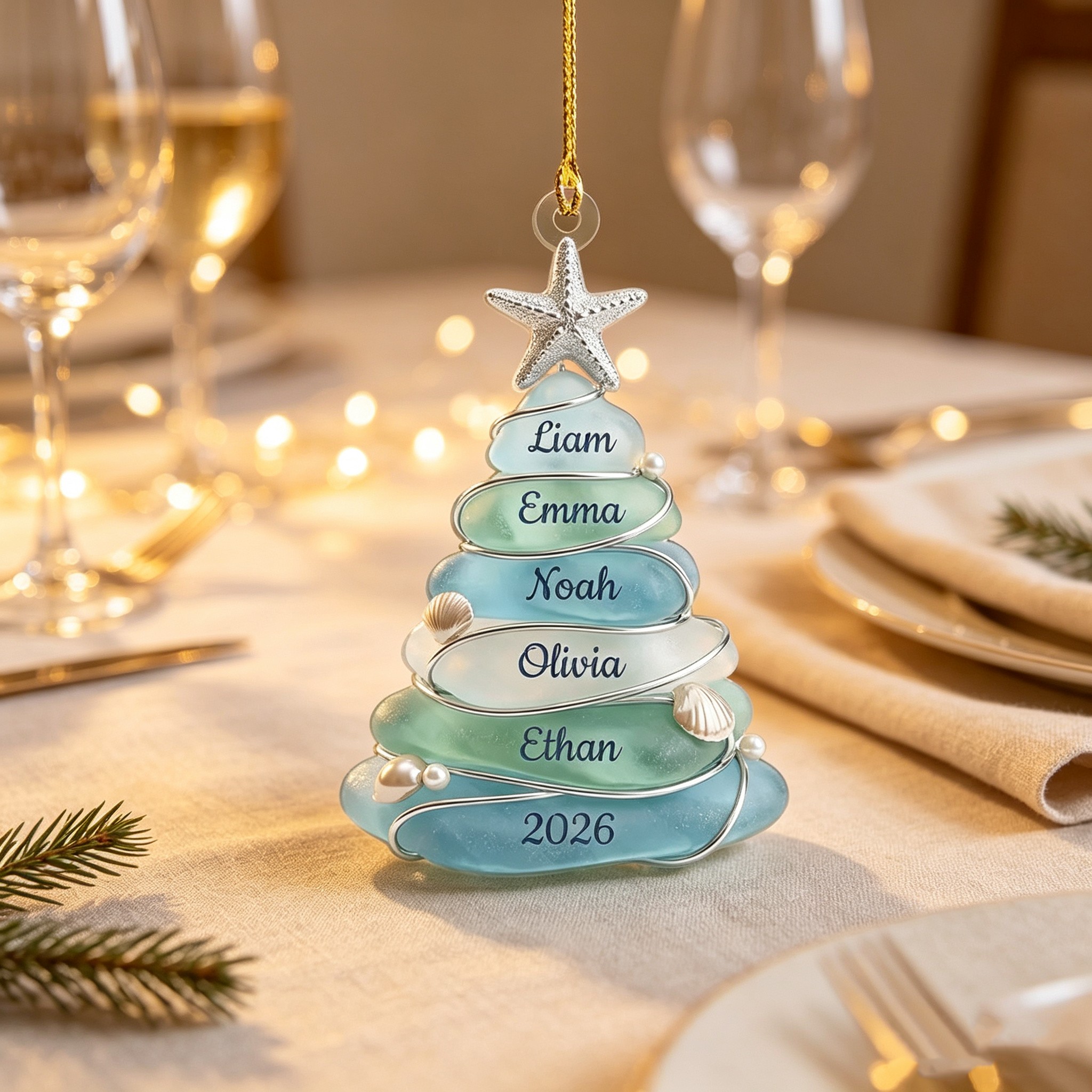 Personalized Sea Glass Christmas Tree Ornament, Custom Family Name Ornament, Coastal Beach Christmas Decor, Grandparents Gift, Up to 13 Names