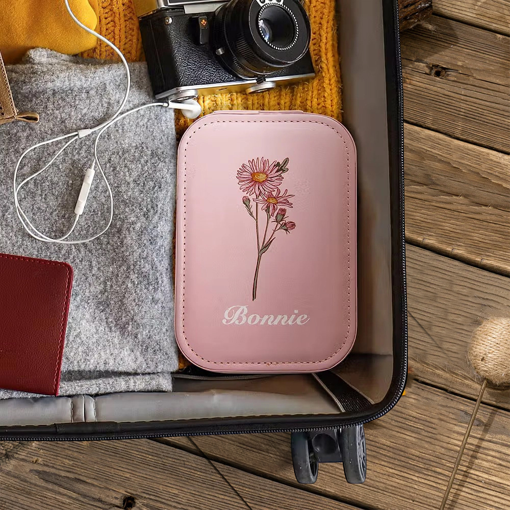 Personalized Birth Flower Leather Travel Jewelry Box with Name & LED Lighted Makeup Mirror, Custom Portable Jewelry Organizer Birthday Gift for Women
