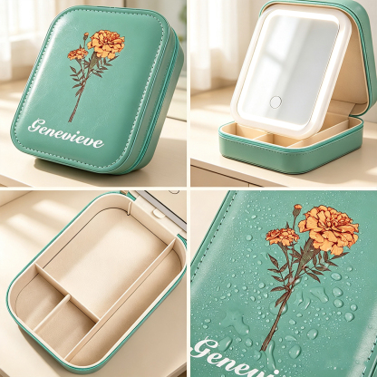 Personalized Birth Flower Leather Travel Jewelry Box with Name & LED Lighted Makeup Mirror, Custom Portable Jewelry Organizer Birthday Gift for Women