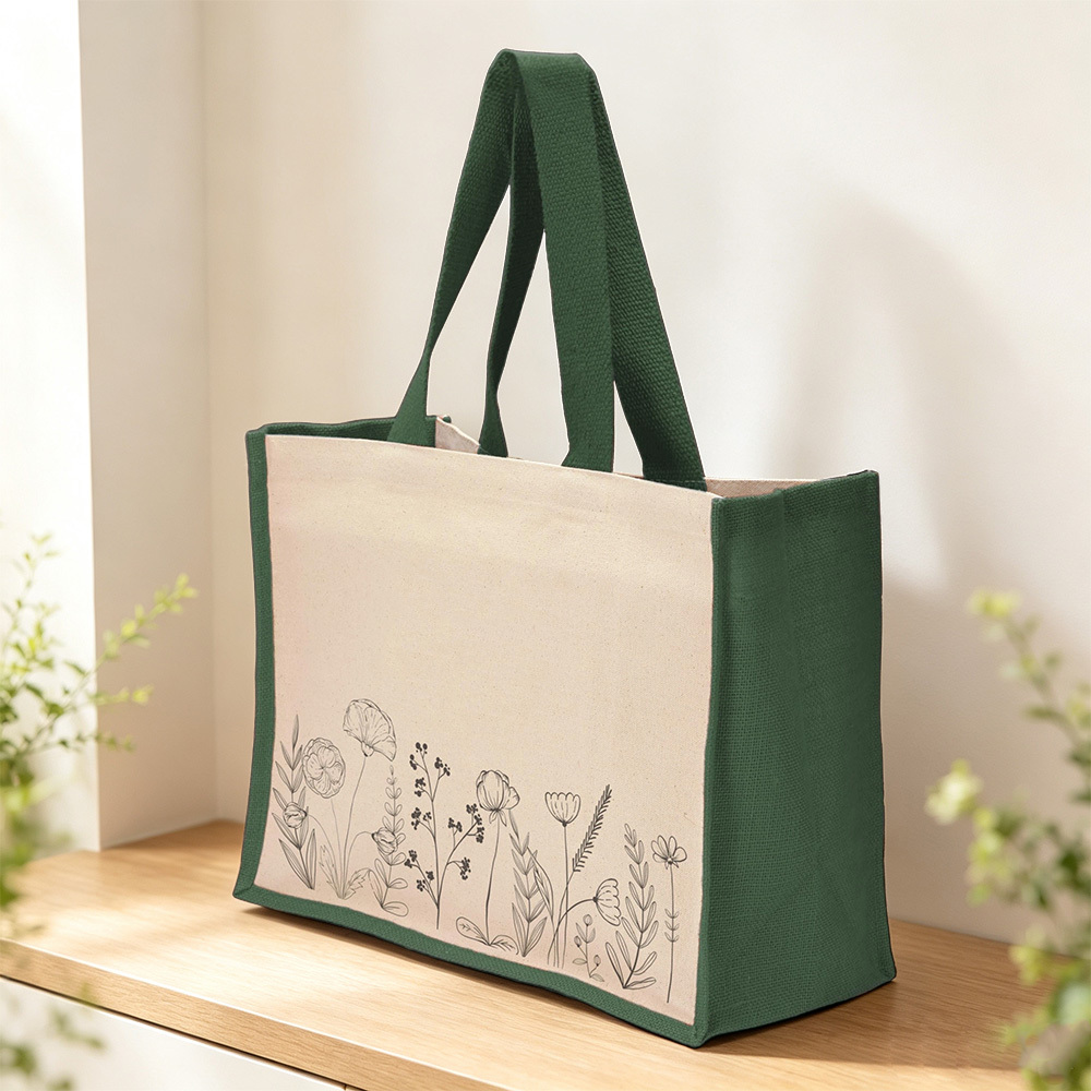 Personalized Jute Tote Bag, Custom Name Floral Canvas Shopping Bag, Large Reusable Eco Friendly Tote, Personalized Gift for Women