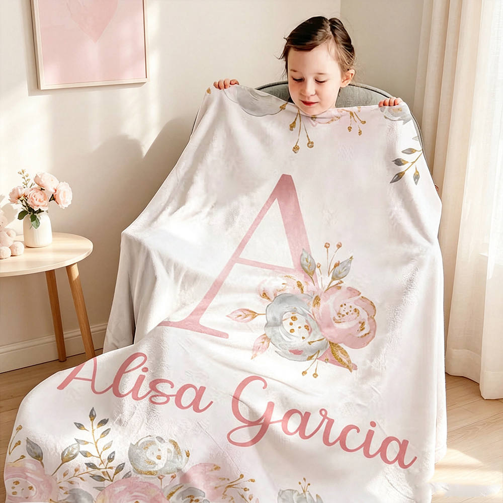 Personalized Pink Floral Baby Blanket with Name & Initial, Soft Fleece Throw Blanket for Baby Girl, Custom Nursery Decor, Baby Shower Birthday Gift