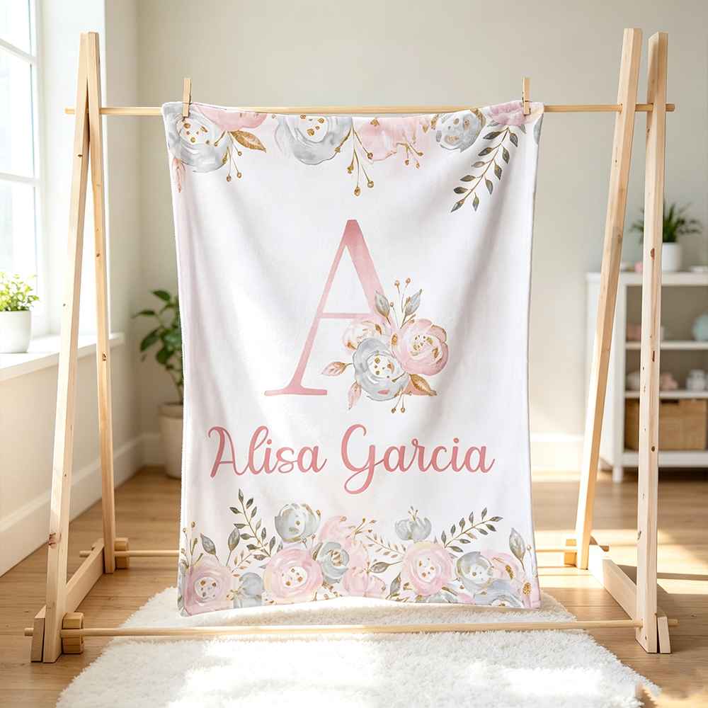 Personalized Pink Floral Baby Blanket with Name & Initial, Soft Fleece Throw Blanket for Baby Girl, Custom Nursery Decor, Baby Shower Birthday Gift