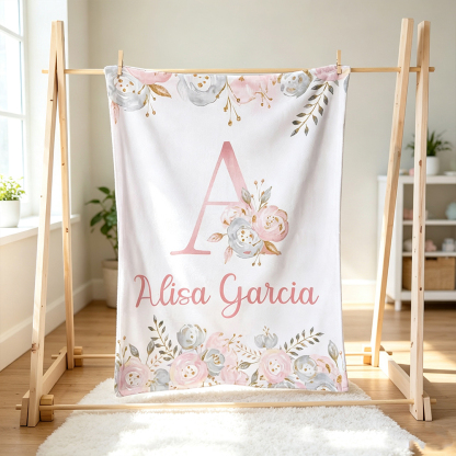Personalized Pink Floral Baby Blanket with Name & Initial, Soft Fleece Throw Blanket for Baby Girl, Custom Nursery Decor, Baby Shower Birthday Gift