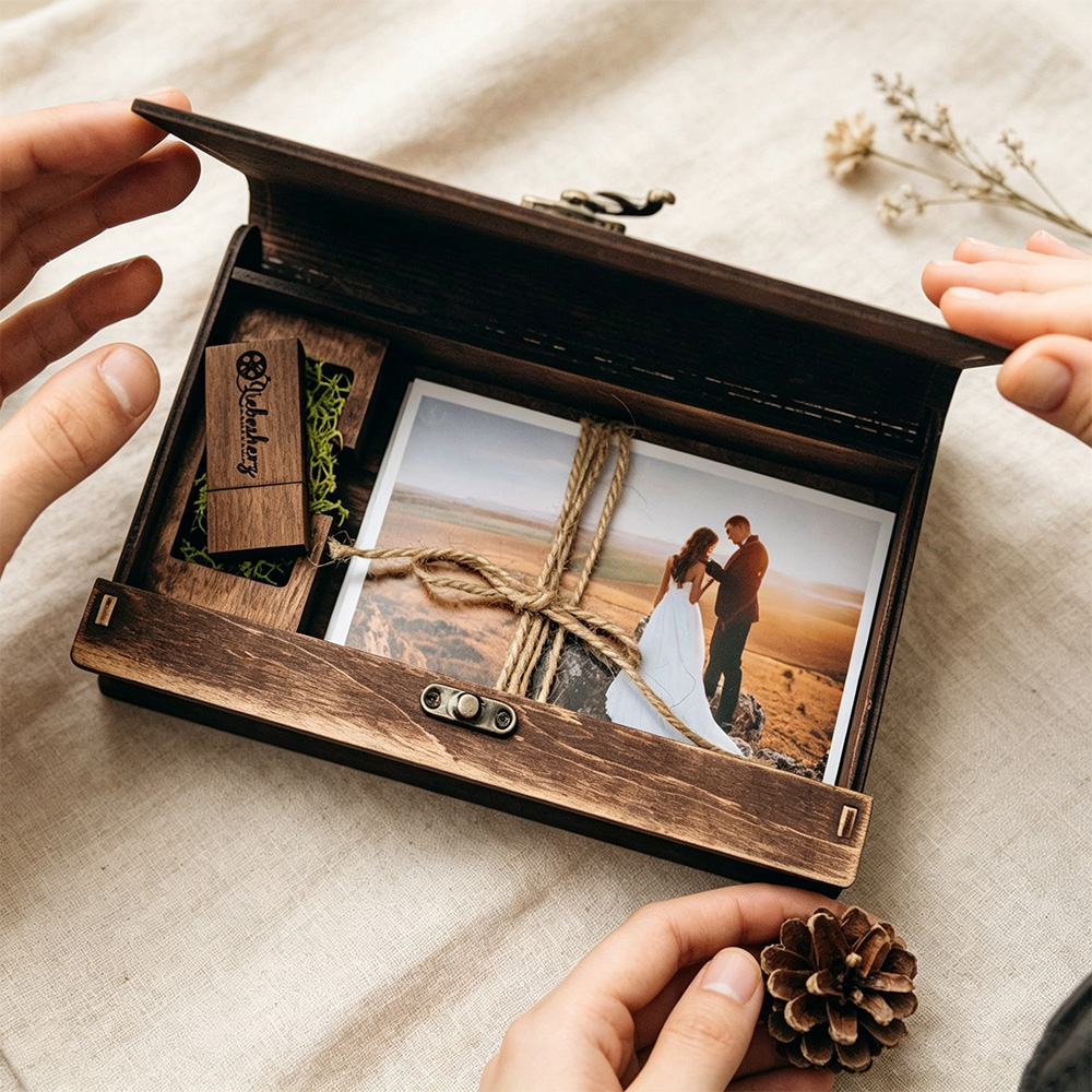 Personalized Wedding Photo Box with USB – Wooden Memory Keepsake Box for Couples