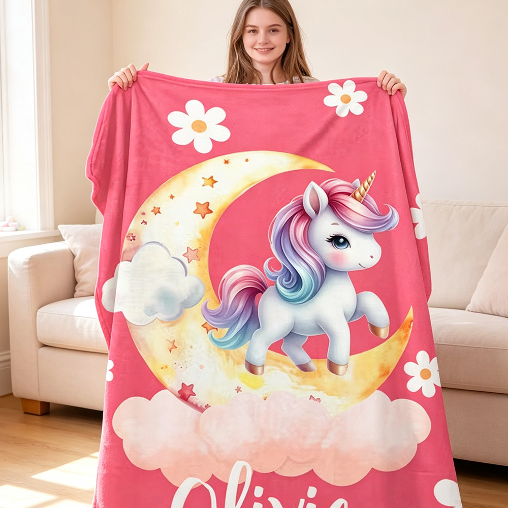 Personalized Pink Unicorn Moon Blanket with Name, Cute Fantasy Dreamy Soft Throw Blanket for Girls, Nursery Room Decor, Birthday Baby Shower Gift