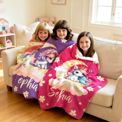 Personalized Pink Unicorn Moon Blanket with Name, Cute Fantasy Dreamy Soft Throw Blanket for Girls, Nursery Room Decor, Birthday Baby Shower Gift