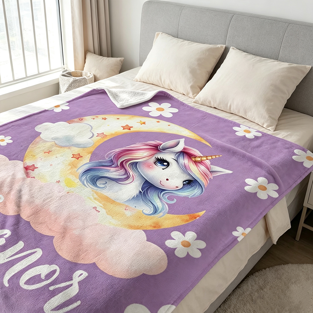 Personalized Pink Unicorn Moon Blanket with Name, Cute Fantasy Dreamy Soft Throw Blanket for Girls, Nursery Room Decor, Birthday Baby Shower Gift
