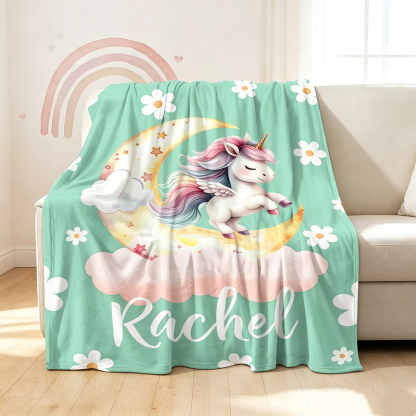 Personalized Pink Unicorn Moon Blanket with Name, Cute Fantasy Dreamy Soft Throw Blanket for Girls, Nursery Room Decor, Birthday Baby Shower Gift