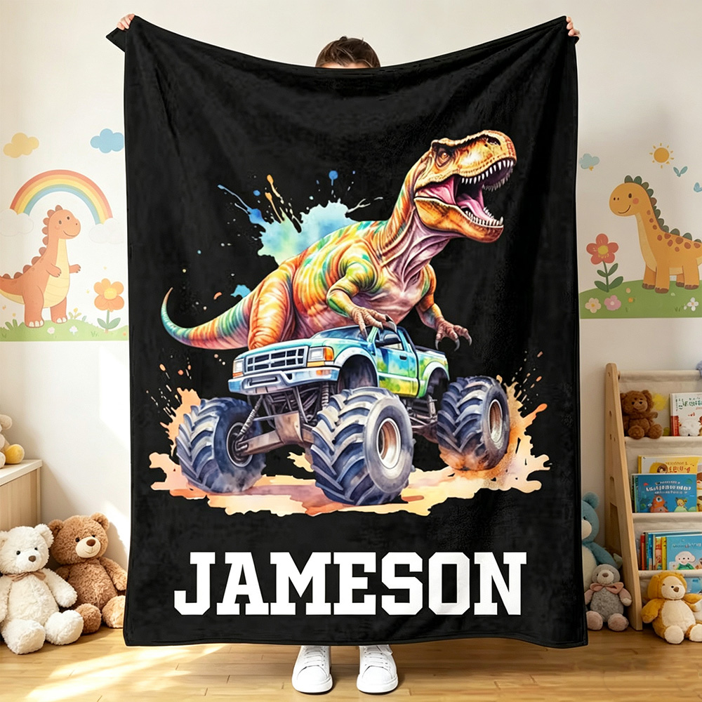 Personalized Dinosaur Adventure Off-Road Truck Soft Throw Blanket with Name,Christmas Birthday Gift for Boys and Dino Lovers