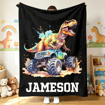 Personalized Dinosaur Adventure Off-Road Truck Soft Throw Blanket with Name,Christmas Birthday Gift for Boys and Dino Lovers