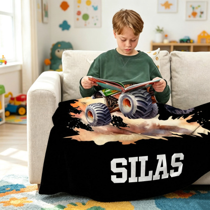 Personalized Dinosaur Adventure Off-Road Truck Soft Throw Blanket with Name,Christmas Birthday Gift for Boys and Dino Lovers
