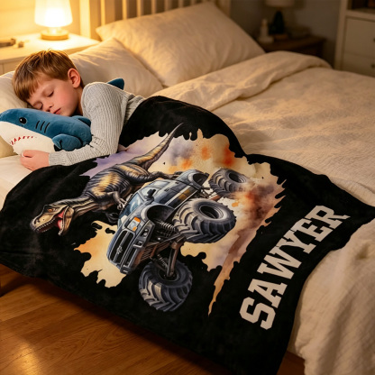 Personalized Dinosaur Adventure Off-Road Truck Soft Throw Blanket with Name,Christmas Birthday Gift for Boys and Dino Lovers