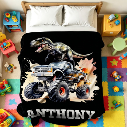 Personalized Dinosaur Adventure Off-Road Truck Soft Throw Blanket with Name,Christmas Birthday Gift for Boys and Dino Lovers