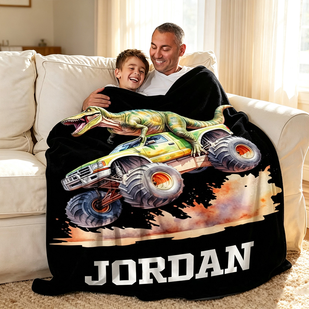 Personalized Dinosaur Adventure Off-Road Truck Soft Throw Blanket with Name,Christmas Birthday Gift for Boys and Dino Lovers