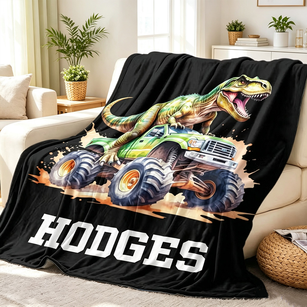 Personalized Dinosaur Adventure Off-Road Truck Soft Throw Blanket with Name,Christmas Birthday Gift for Boys and Dino Lovers