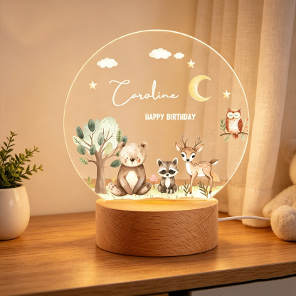 Personalized Cute Woodland Animals Acrylic LED Night Light with Name Date Moon Stars Design Wooden Base Nursery Decor Gift for Baby Kids