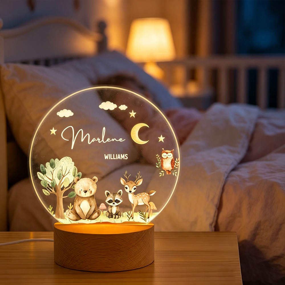 Personalized Cute Woodland Animals Acrylic LED Night Light with Name Date Moon Stars Design Wooden Base Nursery Decor Gift for Baby Kids