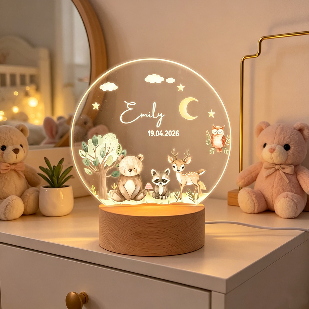 Personalized Cute Woodland Animals Acrylic LED Night Light with Name Date Moon Stars Design Wooden Base Nursery Decor Gift for Baby Kids