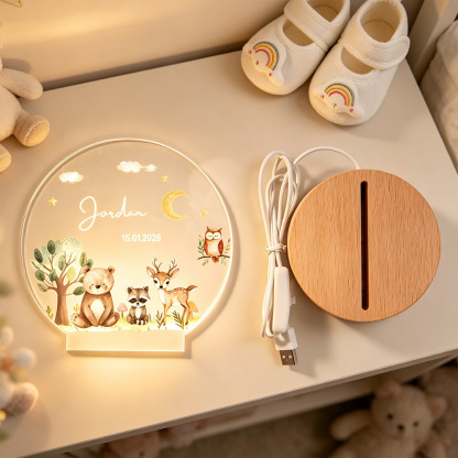 Personalized Cute Woodland Animals Acrylic LED Night Light with Name Date Moon Stars Design Wooden Base Nursery Decor Gift for Baby Kids