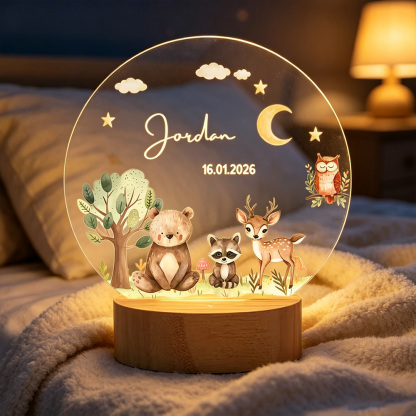 Personalized Cute Woodland Animals Acrylic LED Night Light with Name Date Moon Stars Design Wooden Base Nursery Decor Gift for Baby Kids