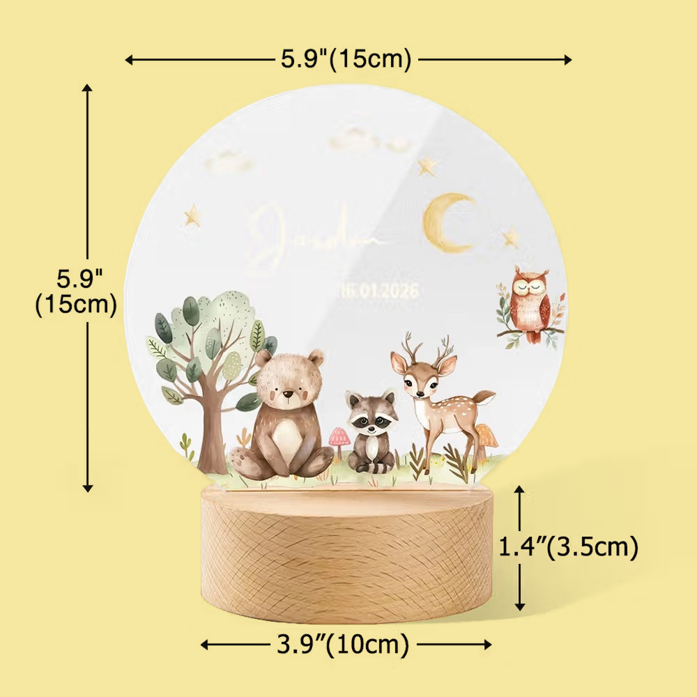 Personalized Cute Woodland Animals Acrylic LED Night Light with Name Date Moon Stars Design Wooden Base Nursery Decor Gift for Baby Kids