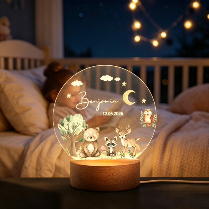 Personalized Cute Woodland Animals Acrylic LED Night Light with Name Date Moon Stars Design Wooden Base Nursery Decor Gift for Baby Kids
