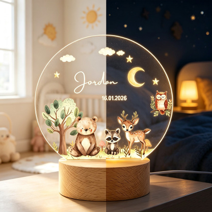 Personalized Cute Woodland Animals Acrylic LED Night Light with Name Date Moon Stars Design Wooden Base Nursery Decor Gift for Baby Kids