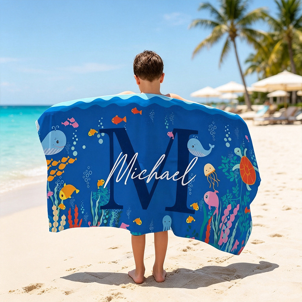 Personalized Ocean World Kids Beach Towel, Custom Name & Initial Oversized Quick-Dry Microfiber Towel, Gift for Boys & Girls