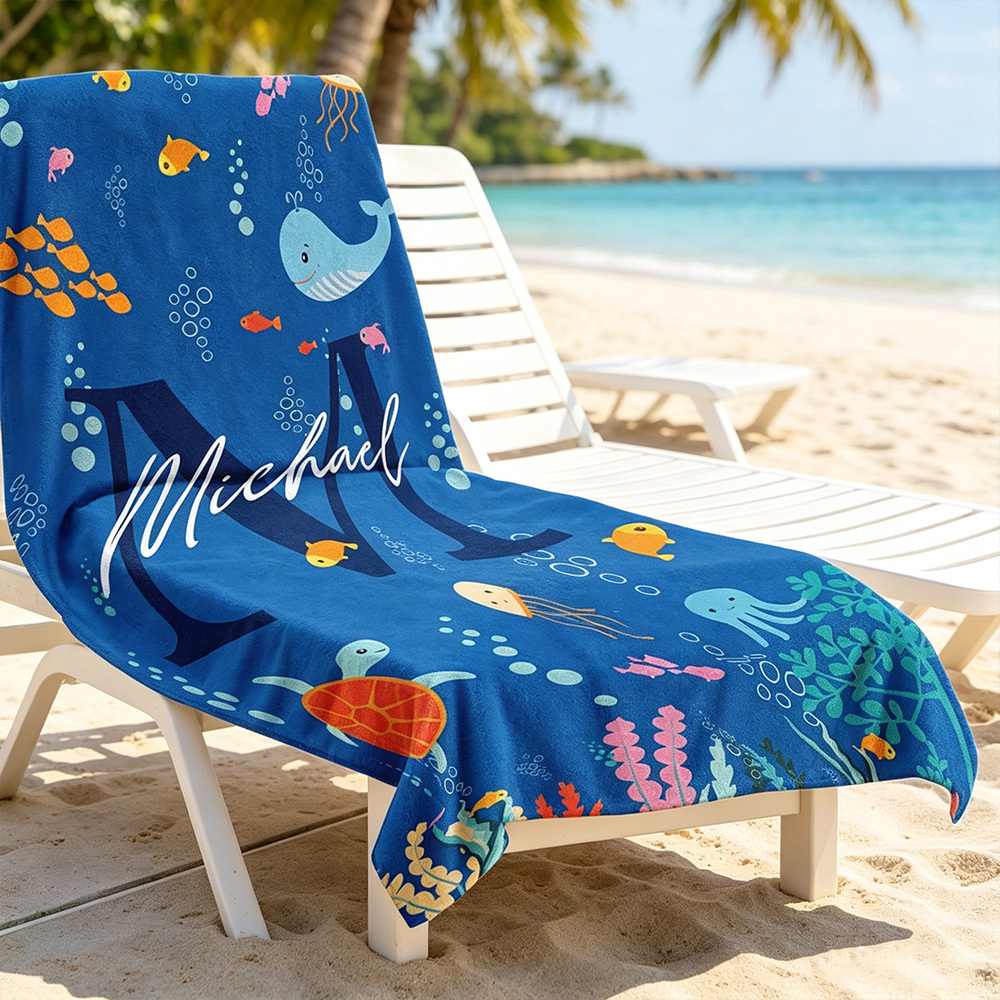Personalized Ocean World Kids Beach Towel, Custom Name & Initial Oversized Quick-Dry Microfiber Towel, Gift for Boys & Girls