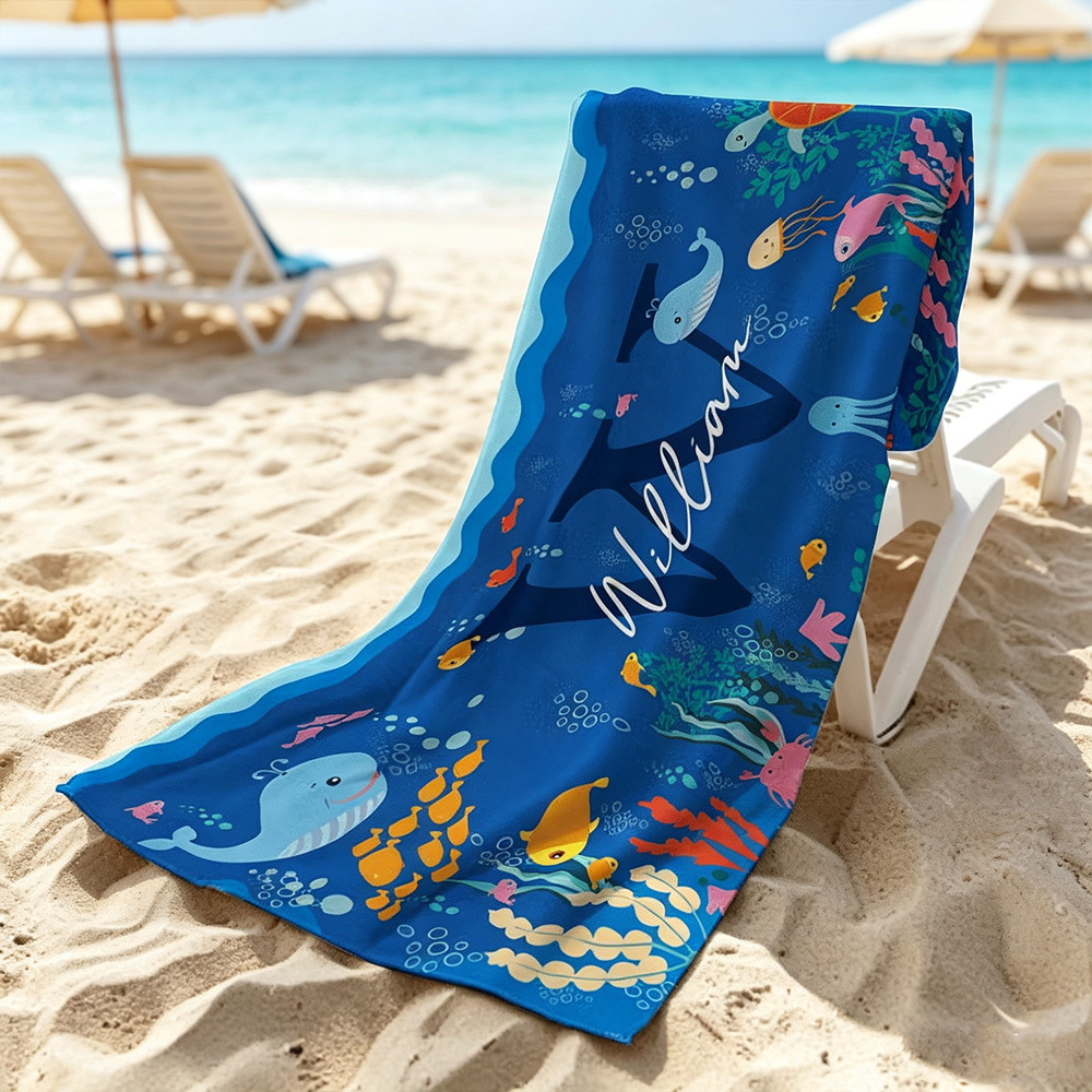 Personalized Ocean World Kids Beach Towel, Custom Name & Initial Oversized Quick-Dry Microfiber Towel, Gift for Boys & Girls