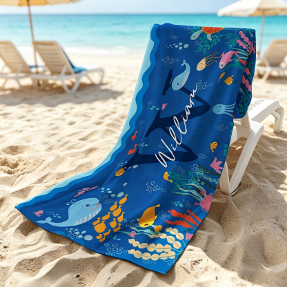 Personalized Ocean World Kids Beach Towel, Custom Name & Initial Oversized Quick-Dry Microfiber Towel, Gift for Boys & Girls