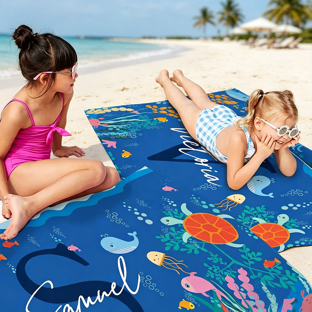 Personalized Ocean World Kids Beach Towel, Custom Name & Initial Oversized Quick-Dry Microfiber Towel, Gift for Boys & Girls