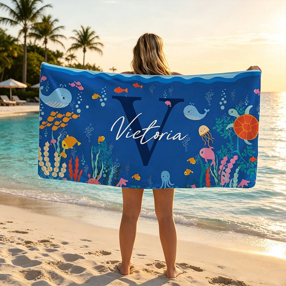 Personalized Ocean World Kids Beach Towel, Custom Name & Initial Oversized Quick-Dry Microfiber Towel, Gift for Boys & Girls