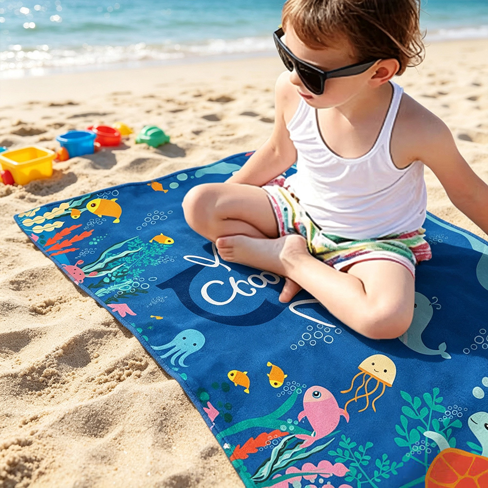 Personalized Ocean World Kids Beach Towel, Custom Name & Initial Oversized Quick-Dry Microfiber Towel, Gift for Boys & Girls