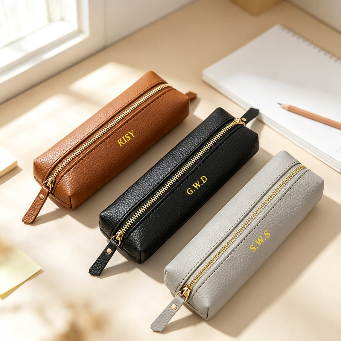 Personalized Leather Pencil Case, Custom Monogram Pen Pouch, Minimalist Office Organizer, Gift for Mom, Teacher Gift