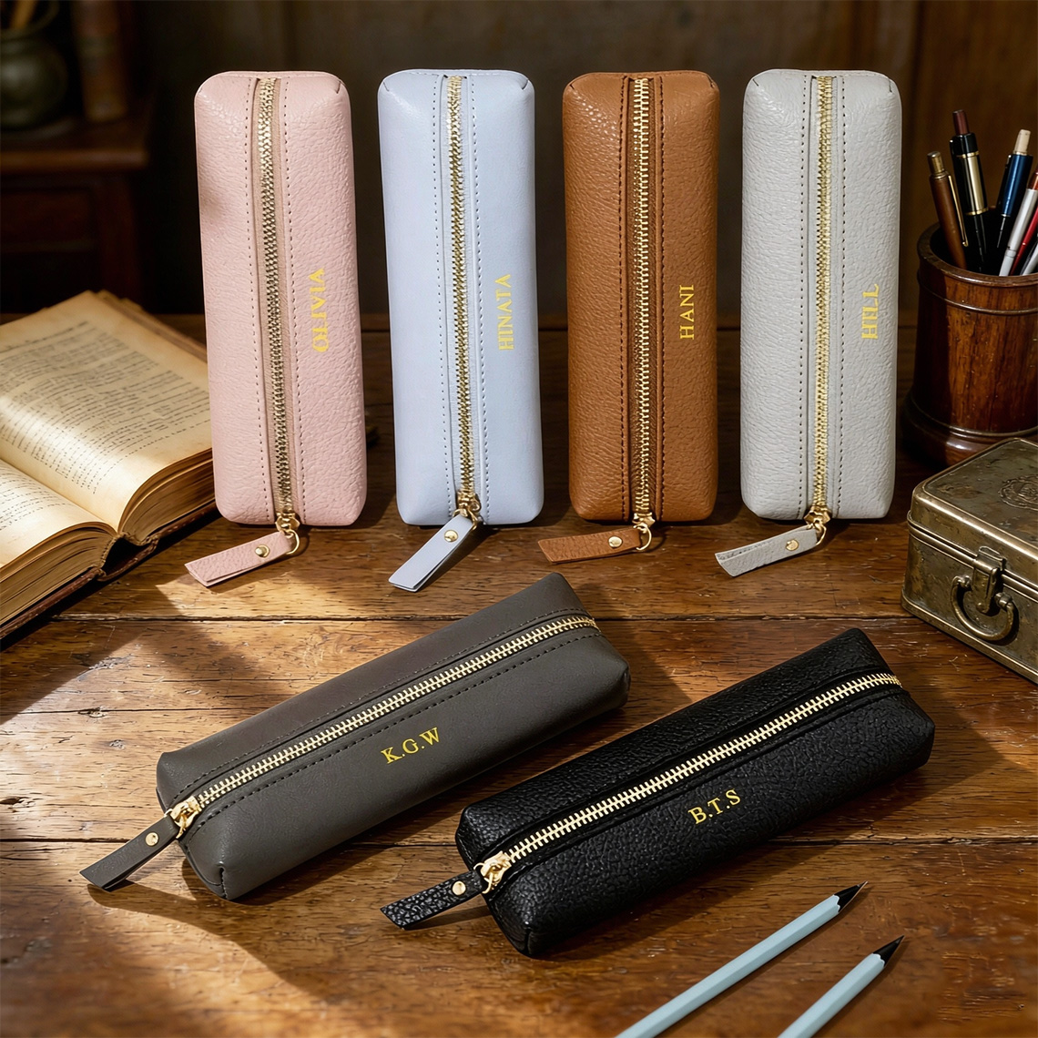 Personalized Leather Pencil Case, Custom Monogram Pen Pouch, Minimalist Office Organizer, Gift for Mom, Teacher Gift